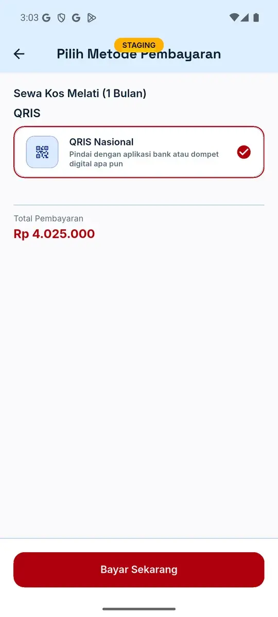 Layar Pilih Metode Pembayaran pada build pengujian: pilihan QRIS Nasional terpilih, total pembayaran Rp 4.025.000, dan tombol Bayar Sekarang