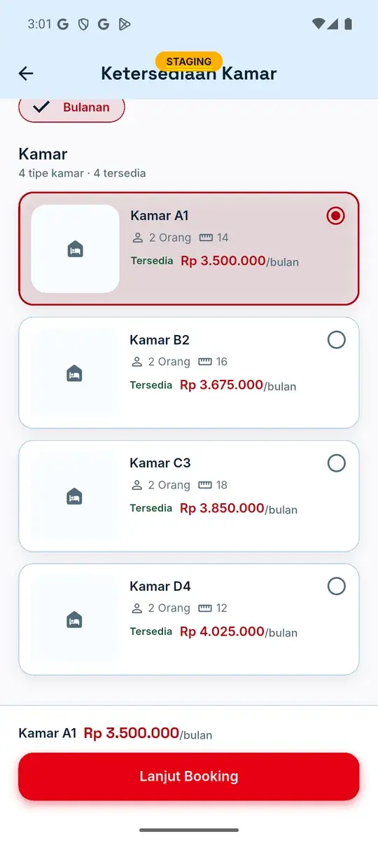 Layar Ketersediaan Kamar pada build pengujian: properti contoh Kos Melati, periode sewa Bulanan, empat tipe kamar dengan harga per bulan, Kamar A1 terpilih, dan tombol Lanjut Booking
