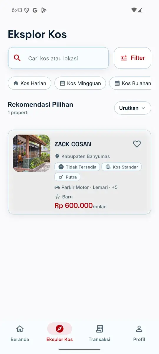 Layar Eksplor Kos aplikasi PERGI COSAN: kolom pencarian, tombol Filter, pilihan periode harian, mingguan, dan bulanan, serta hasil pencarian satu properti